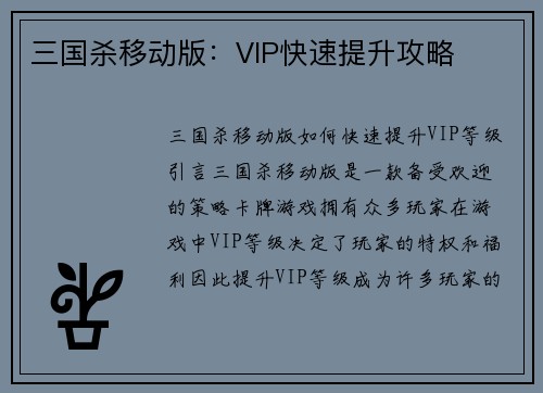 三国杀移动版：VIP快速提升攻略